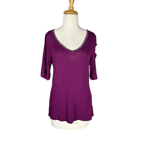 JENNIFER LOPEZ Jeweled V-Neck Purple Cross Strap Sleeve Blouse Sz S - Picture 1 of 6